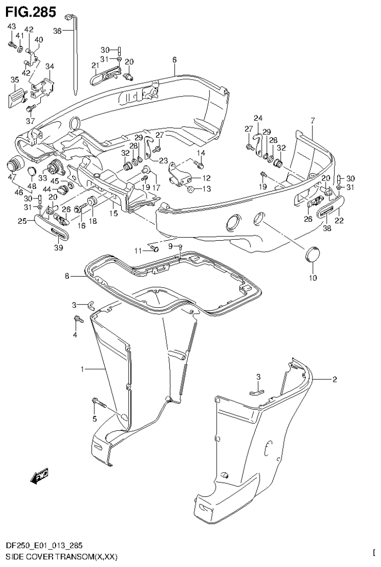 Suzuki DF200T, DF200Z, DF225T, DF225Z, DF250T, DF250Z SIDE COVER TRANSOM(X,XX) (DF250Z E1) parts diagram